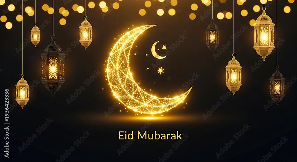 Obraz premium A glowing crescent moon and lanterns celebrate Eid Mubarak in a festive night scene