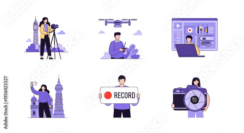 Six illustrations depicting photography videography and digital content creation