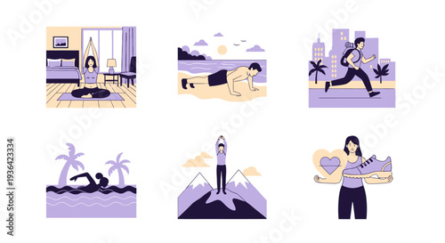 Six illustrations depicting various fitness activities and healthy living symbols
