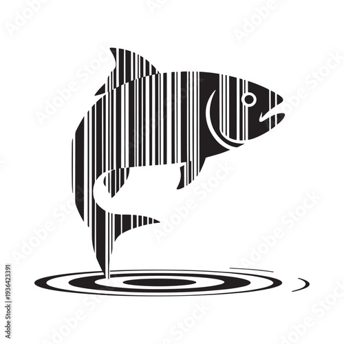 A stylized black and white illustration of a fish jumping from water