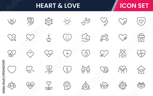 Heart and love icons depicting love, romance, affection, emotions, relationships, care, passion, dating, feelings, kindness, compassion, friendship, support, wellness, and connection.