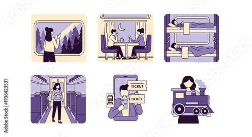 Six stylized purple and cream icons depicting various train travel experiences