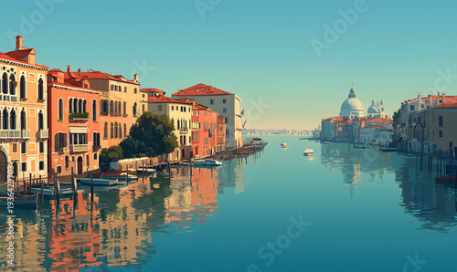 Illustration of Venice scenery Italy beautiful, Illustration style, presentation images, travel image ideas, tourism promotion, postcards, generative AI