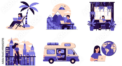 Six vignettes depict people working remotely in diverse locations