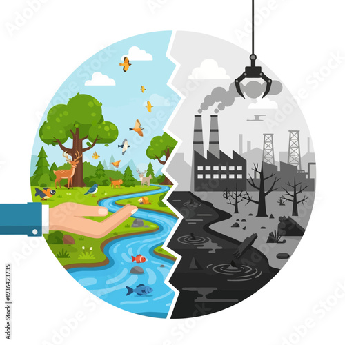 Nature vs Industry: Hand Protecting Lush Ecosystem from Pollution and Factory Smog