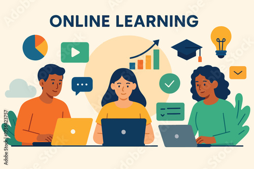 Online Learning Concept with Students Using Laptops and Educational Icons