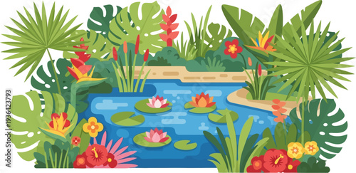 Exotic garden pond filled with water lilies and tropical flowers