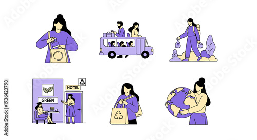 Six vignettes illustrating sustainable lifestyle choices and environmental care