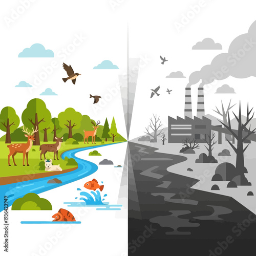 Nature vs Industry: Pristine Ecosystem Contrasted with Industrial Pollution