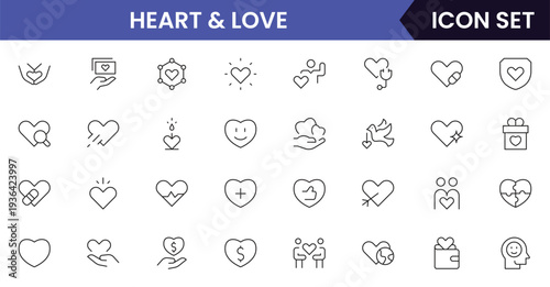 Heart and love icons depicting love, romance, affection, emotions, relationships, care, passion, dating, feelings, kindness, compassion, friendship, support, wellness, and connection.