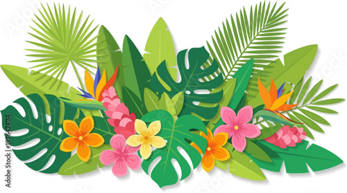Lush composition of monstera leaves and vibrant tropical blossoms