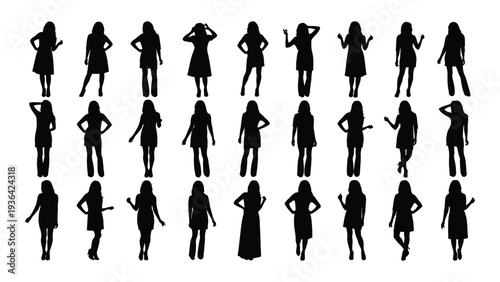 Collection of twenty female silhouettes in various poses and outfits