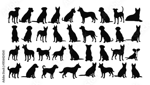 Collection of black dog silhouettes in various poses