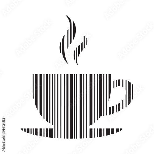 A black and white illustration depicts a coffee cup with steam rising