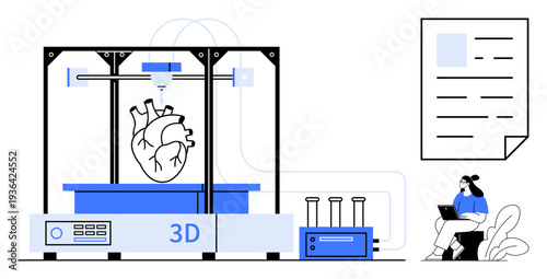 3D printing technology. A detailed ion of a 3D printer crafting a human heart, medical advancements. 3D printing for healthcare, research, and bioprinting applications. Ideal for technology