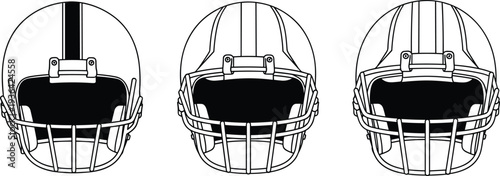 American football helmets front view, sports gear design, protective equipment illustration, team branding concept, athletic competition safety, vintage stripe styles