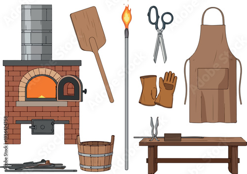 Baking Tools and Equipment Surrounding a Brick Pizza Oven in a Cozy Outdoor Setting