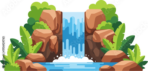 Refreshing tropical waterfall cascading into a blue pool