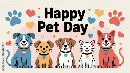 Happy pet day banner with colorful dogs and cats and hearts