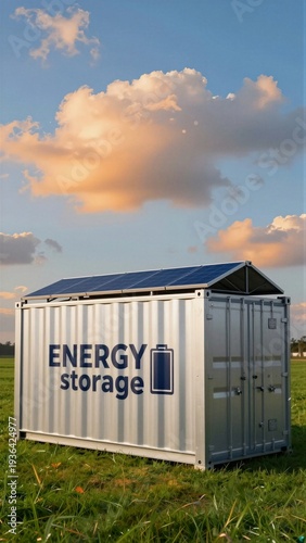 Industrial energy storage container with solar panels in a green field for renewable energy and sustainability