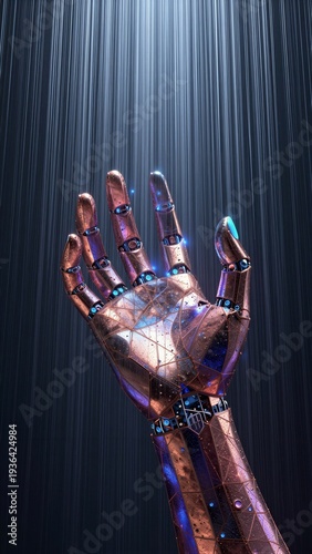Cybernetic metallic hand reaching up to digital rays for artificial intelligence and future technology concept