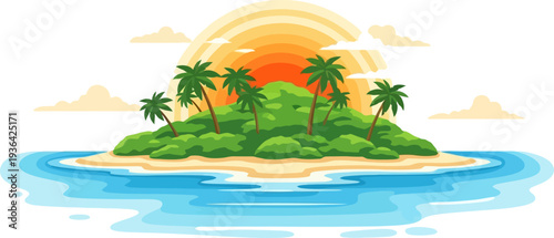 Small tropical island covered in greenery under a glowing sunset