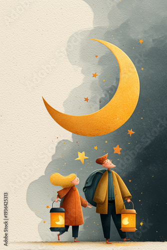 Flat illustration of two characters carrying glowing star and moon lanterns with oversized crescent on minimal soft textured background