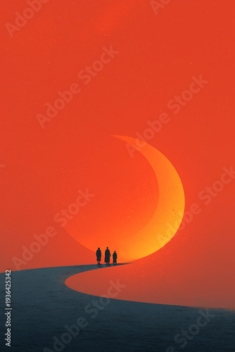 Abstract crescent moon horizon with small simplified human figures walking toward glowing moon, smooth gradient background with star texture