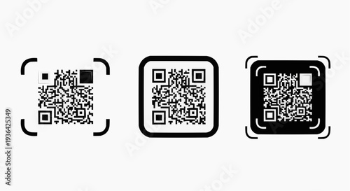 Minimalist QR Code Icon Set with Different Frames and Scanning Styles - Vector Illustration