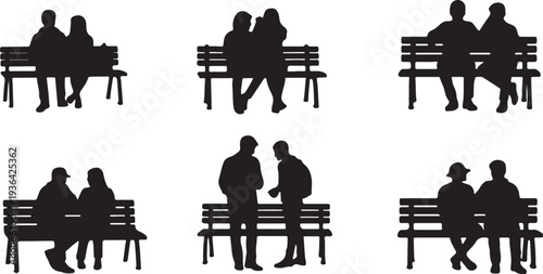People Sitting on Bench Silhouette Set, Stick figure people sitting and relaxing on park benches vector illustration