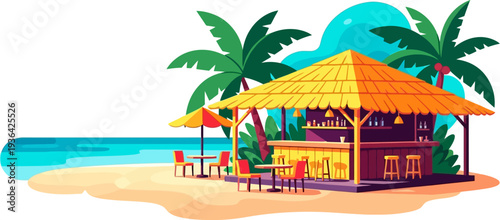 Tropical beach bar with stools under palm trees