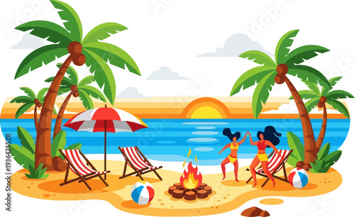 Tropical beach party at sunset with bonfire and people dancing