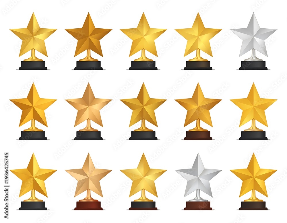 Obraz premium Assorted star-shaped trophies on black and brown bases, various metals