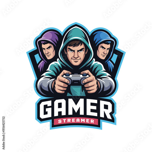 Three hooded gamers holding gamepads