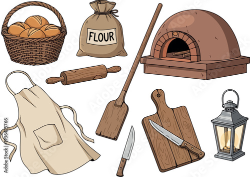 Baking preparation scene with flour, pizza stone, utensils, and ingredients arranged on a clean surface, viewed from directly above.