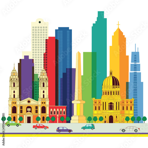 Cityscape with tall buildings and cars