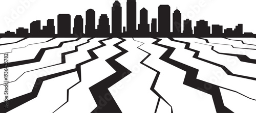 City skyline cracked ground earthquake disaster abstract vector illustration background