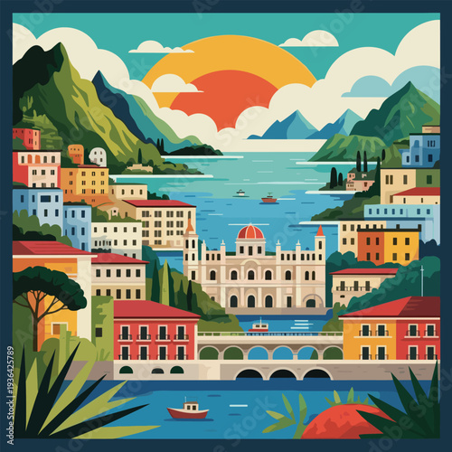 Coastal town with colorful buildings