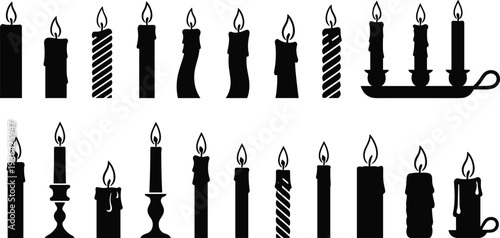 Candle silhouettes collection, decorative wax designs, lit candles in holders, ornate patterns, spiritual ambiance, romantic lighting vector illustration set