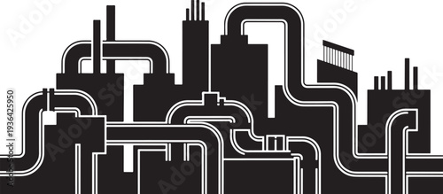 Factory skyline silhouette with pipes and chimneys for industrial pollution or energy concepts