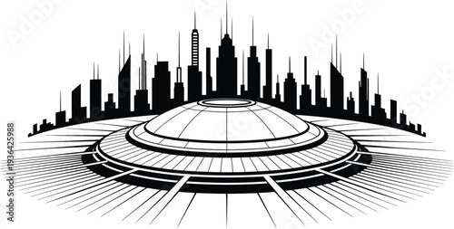 Futuristic alien city silhouette with flying saucer UFO and skyscrapers on horizon