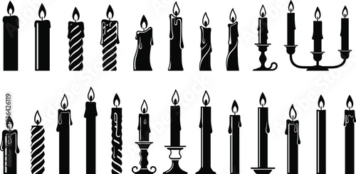 Candle silhouettes collection, decorative wax designs, ornate holders, lit candles with flames, romantic ambiance, spiritual lighting vector illustration set