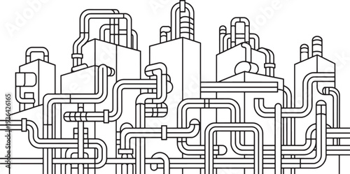 Industrial factory or plant line art panorama, manufacturing processing facility background