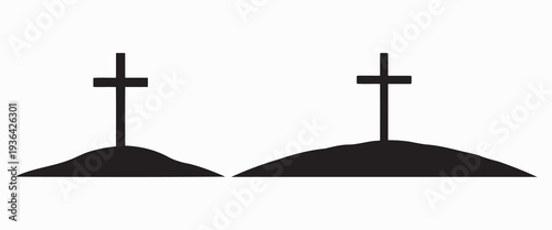 Two Crosses On Hill Minimal Christian Symbol Good Friday Silhouette Isolated White Background