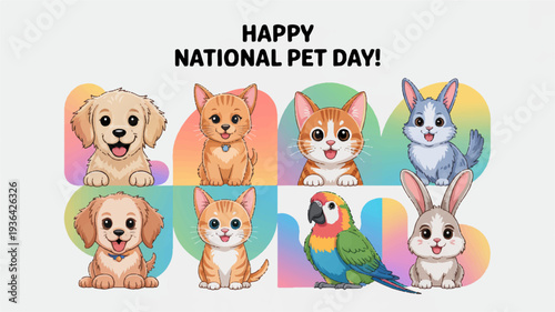 Colorful pets celebrate national pet day with cute animals and a parrot together