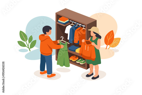 Couple choosing clothes from a wardrobe illustration.