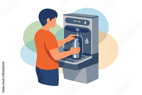 Man filling water bottle from modern water cooler dispenser.