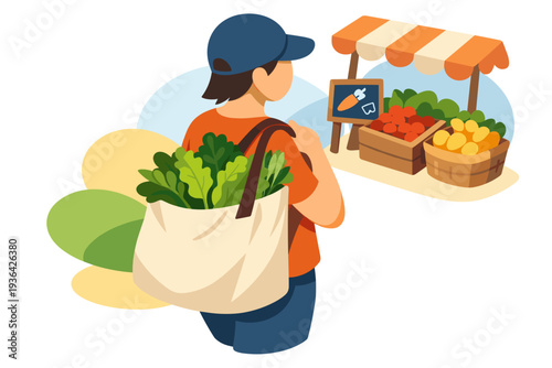 Person carrying reusable bag full of fresh produce from market stall.