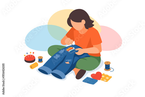 Person sewing patches onto blue jeans with colorful threads.