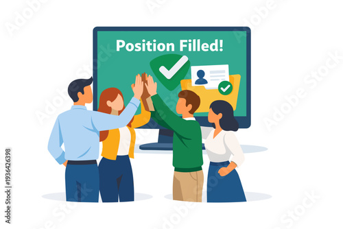 Team Celebrates Successful Position Filled Announcement on Screen.